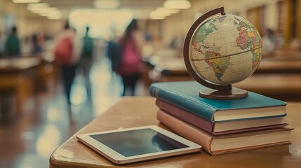 Globe, books, and tablet on a wooden desk in a school library with blurred students in the background, symbolizing education and global learning