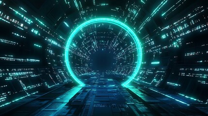 A glowing blue circle portal in a futuristic digital space.