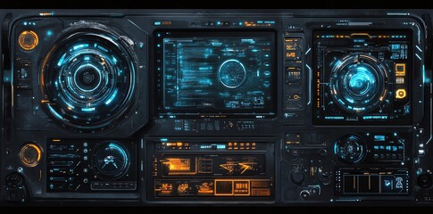 Fototapeta premium Futuristic Sci-Fi Control Panel with Glowing Blue and Orange Lights and Data Displays.