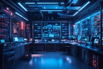 Futuristic server room with blue neon lights and multiple computer screens displaying data and code.