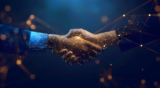 A digital handshake between two business individuals, symbolizing the data technology theme of growth and collaboration