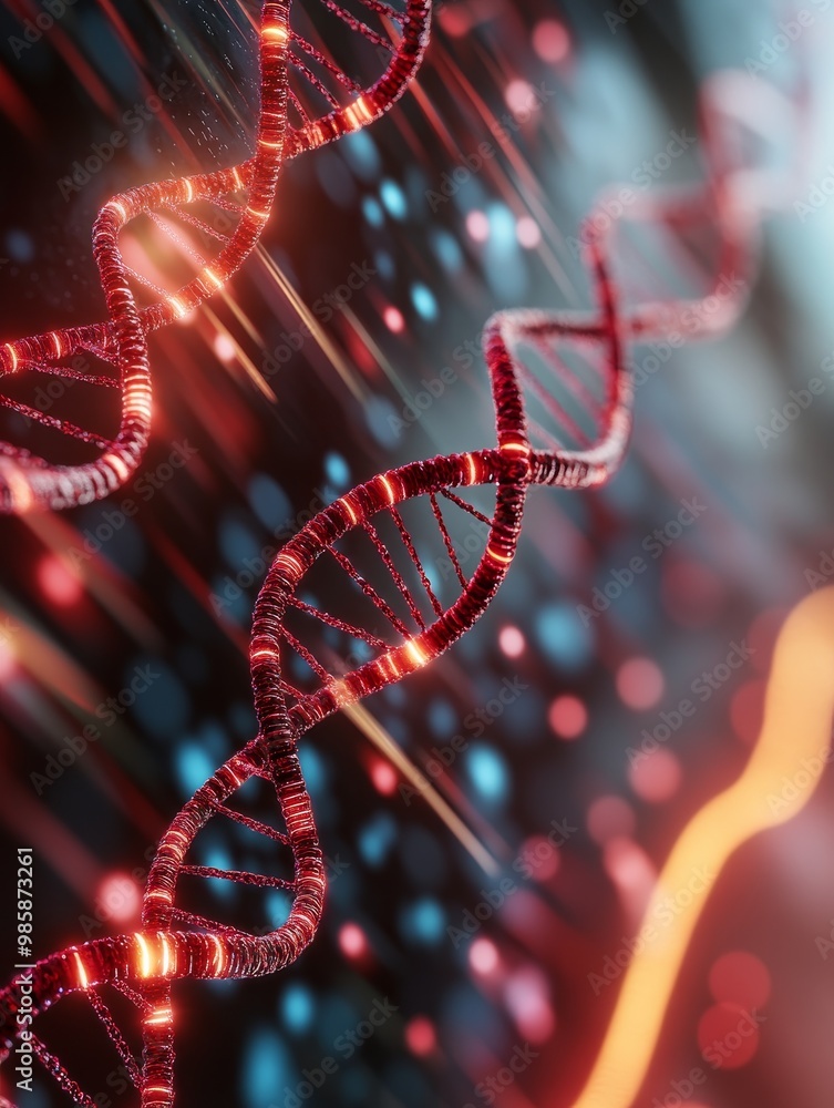 Poster 3d visualization of dna structures on digital screen, representing genetic code, double helix, scien