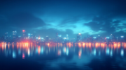Fototapeta premium Bright Cityscape with Blurry Neon Reflections on Water at Night
