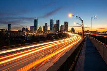 Fototapeta premium A mesmerizing view of the Houston skyline at sunset, with vibrant traffic trails illuminating the highway below, symbolizing urban growth, progress, and the dynamic energy of the city.