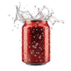 A can of soda, opened with fizzing bubbles, photorealistic 3D render, metallic silver and red, isolated on white background. 