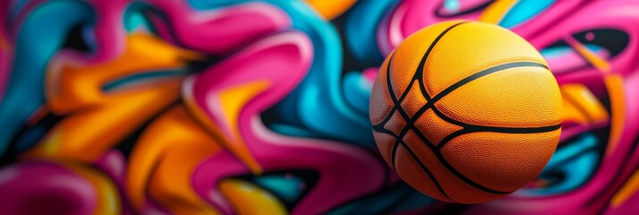 Obraz premium A basketball in focus against a colorful graffiti wall, symbolizing sports, urban art, energy, movement, and competition.