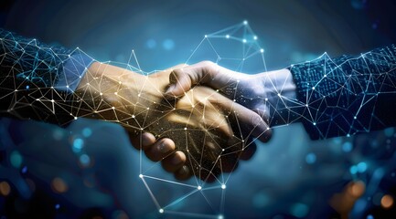 A digital handshake between two business individuals, symbolizing the data technology theme of growth and collaboration