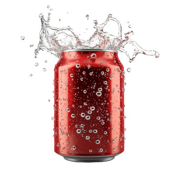 A can of soda, opened with fizzing bubbles, photorealistic 3D render, metallic silver and red, isolated on white background. 