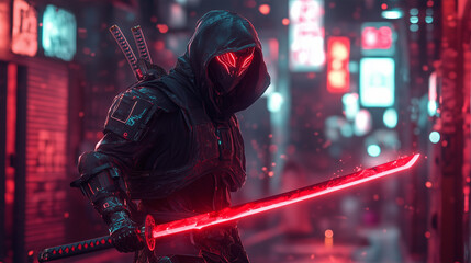 Cybernetic Ninja in Neon Alley Hooded Warrior with Red Glowing Katana in Cyberpunk City