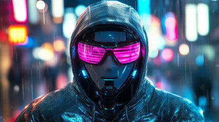 Cyberpunk Robotic Character With Neon Pink Visor In A Rainy Urban Nightscape
