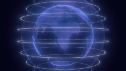 A digital representation of blue Earth with glowing lines encircling the planet, highlighting global connectivity and technology