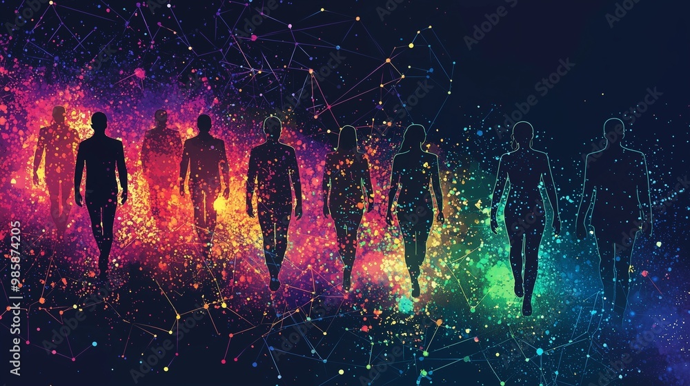 Aufkleber silhouettes of diverse individuals walking through a colorful, abstract digital landscape, symbolizi