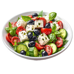 A fresh Greek salad with feta, olives, and cucumber, photorealistic style, vibrant greens and whites, isolated on white background. 
