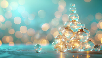 Fototapeta premium garland made from lot of glass transparent balls, inside the balls there are neon golden glowing lights, shape Christmas tree, festive blurred background