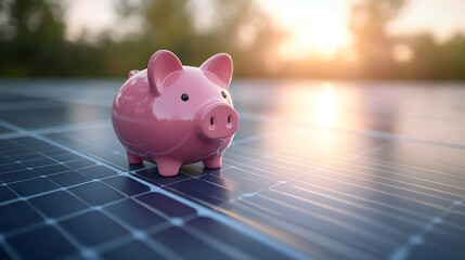 Pink piggy bank on solar panel. Energy savings, financial planning, sustainability concept. Ecofriendly investment, renewable energy, solar finance illustration. Generative AI