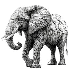A gentle elephant, walking slowly, intricate line drawing, monochrome black and white, isolated on white background. 