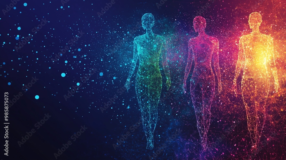 Poster three digital human figures representing data visualization and analytics in a colorful, abstract sp