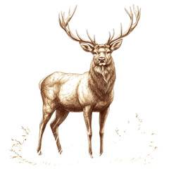 A majestic stag, standing tall with large antlers, detailed pen and ink drawing, rich brown and gold tones, isolated on white background. 