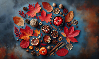 Vorlage mit herbstlicher Deko und roten Ahornblättern, flatlay, Hintergrund