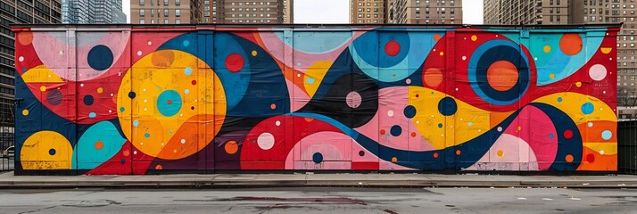 Vibrant street art mural in a bustling urban alleyway filled with abstract shapes and vivid colors