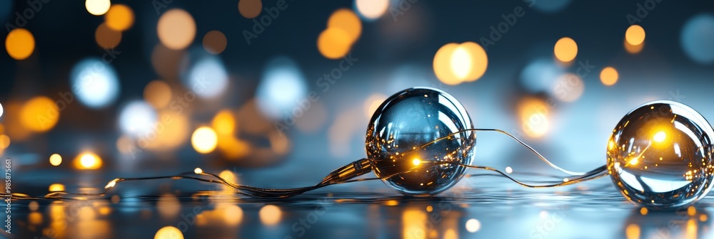 Poster a captivating image of two reflective spheres adorned with golden string lights on a metallic surfac
