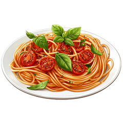 A plate of spaghetti with tomato sauce and basil leaves, hyper-realistic, rich red and green tones, isolated on white background. 