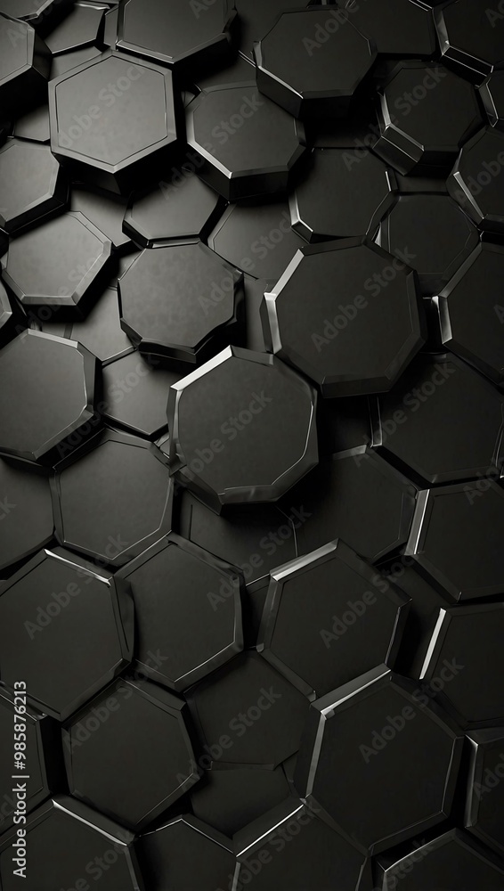 Poster 3d black hexagonal pattern with a metallic finish for wallpaper.