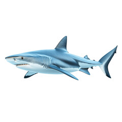 Obraz premium A sleek shark, swimming underwater, dynamic 3D render, cool blue-grey tones, isolated on white background. 