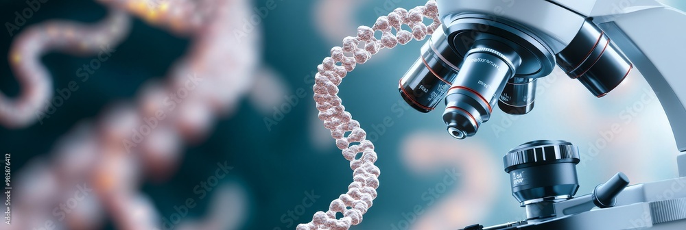 Poster a close-up image of a dna strand under a microscope. the dna strand is in focus and the microscope i