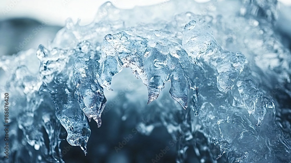Poster the transparent ice is glistening and hanging, creating interesting shapes with points and curves, r