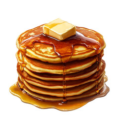 A stack of fluffy pancakes with syrup and butter, detailed illustration, golden brown and yellow tones, isolated on white background. 