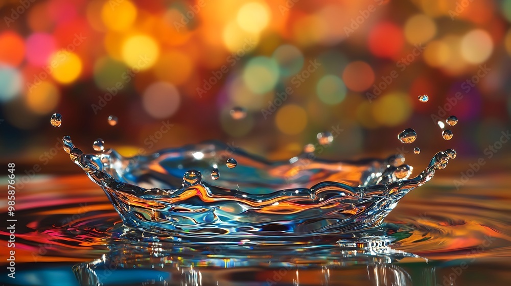Poster a single water drop creates a crown-shaped splash with concentric ripples and a colorful bokeh backg