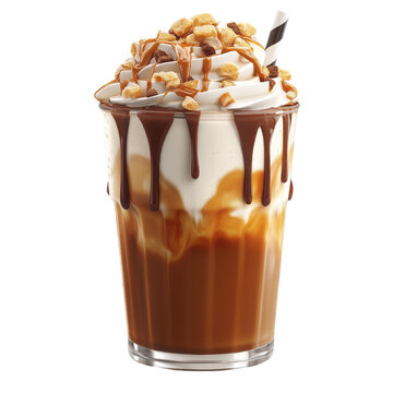 A tall iced latte with caramel drizzle, detailed 3D illustration, rich brown and white tones, isolated on white background. 