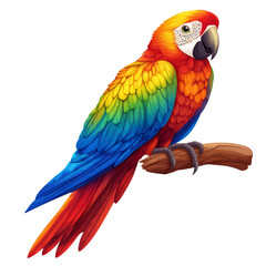 Fototapeta premium A tropical parrot, perched on a branch, stylized cartoon, vibrant rainbow colors, isolated on white background. 