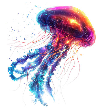 A vibrant jellyfish, floating in the ocean, glowing neon colors, vector design, isolated on white background. 