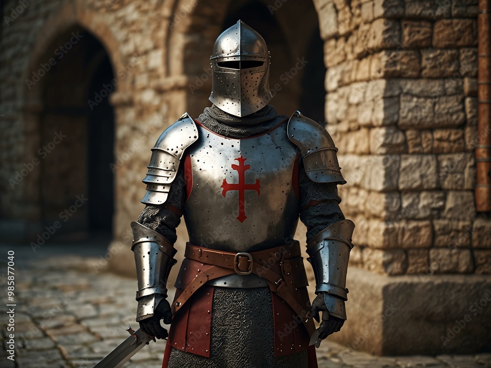 Poster 3d medieval crusader in full plate armor with sword.
