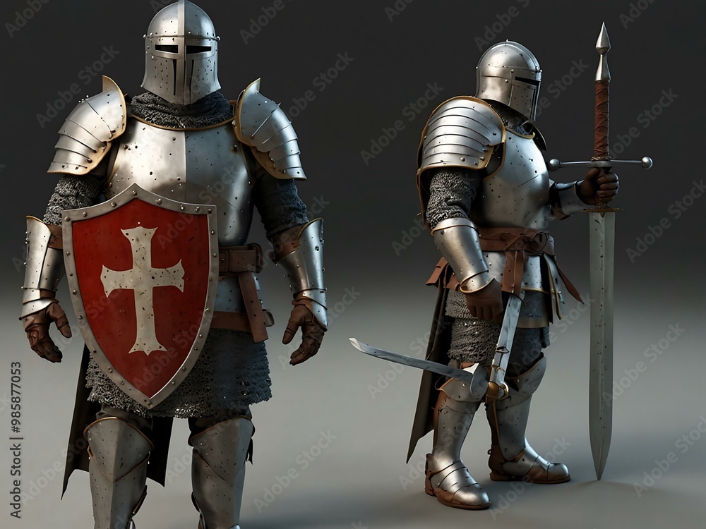 Poster 3d medieval crusader in full plate armor with sword.