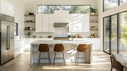 Sunlight streams through large windows in a modern, minimalist kitchen featuring white cabinets, a marble backsplash, and a large island with three wooden stools