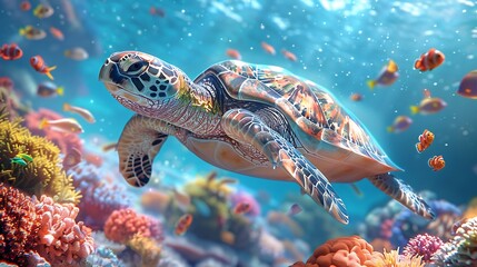 Vibrant underwater scene with a sea turtle swimming gracefully among colorful coral reefs surrounded by tropical fish and clear blue waters