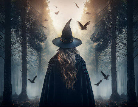 Uma bruxa de costas, com chap&eacute;u pontudo e cabelos compridos, em uma floresta sinistra, com muitos p&aacute;ssaros voando.