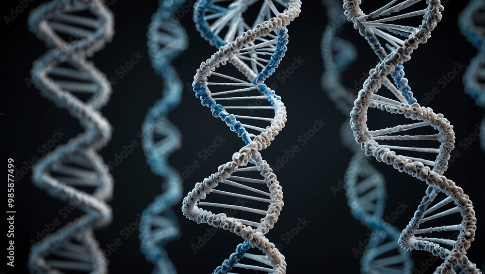 Poster 3d render of multiple dna structures with white highlights.