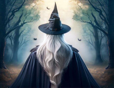 Uma bruxa de costas, com cabelos brancos e compridos, em uma floresta cheia de n&eacute;voa, com muitos p&aacute;ssaros voando.