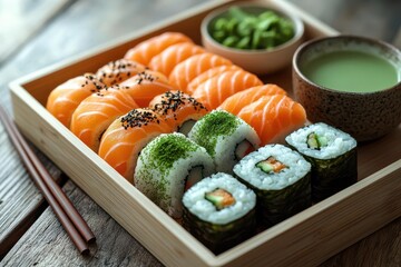 elegant bento box arrangement with sushi chopsticks and matcha latte minimalist composition on pale wood surface emphasizing japanese culinary aesthetics