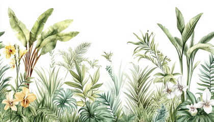 Fototapeta premium Tropical plants and flowers create a lush display of vibrant greenery and delicate blooms, emphasizing nature's beauty and diversity