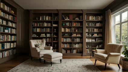 A cozy library with bookshelves, a reading chair, and natural light.