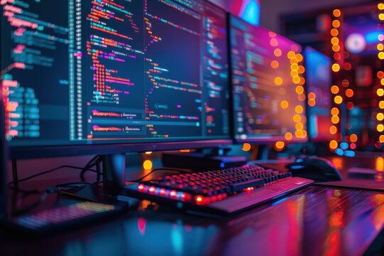 Colorful coding workspace with multiple monitors