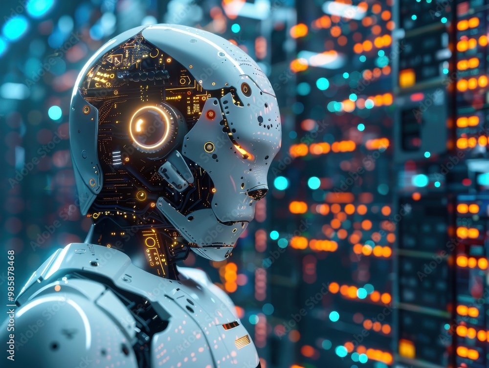 Poster advanced humanoid robot with glowing circuits
