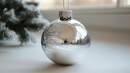 elegant blank christmas ornament with a reflective silver surface suspended by a delicate ribbon perfect for customization and holiday designs