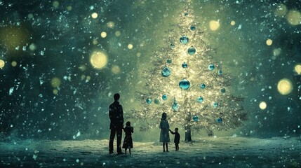 Obraz premium Family gathered by a bright silver tree with blue ornaments, snow softly falling on a textured dark green background.
