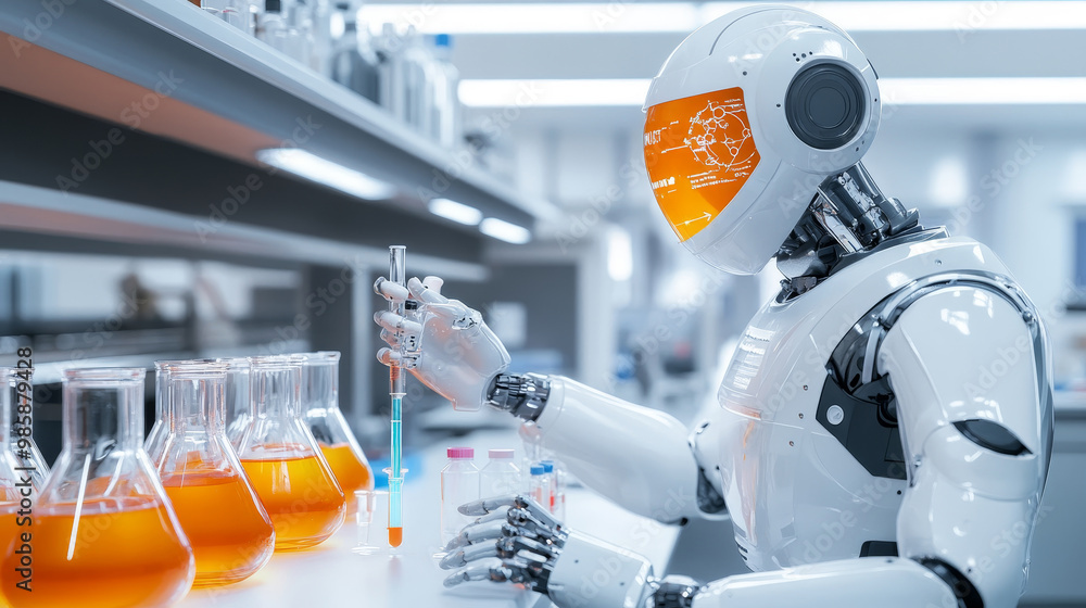 Poster a futuristic humanoid robot with advanced technology performs a chemical experiment in a modern labo